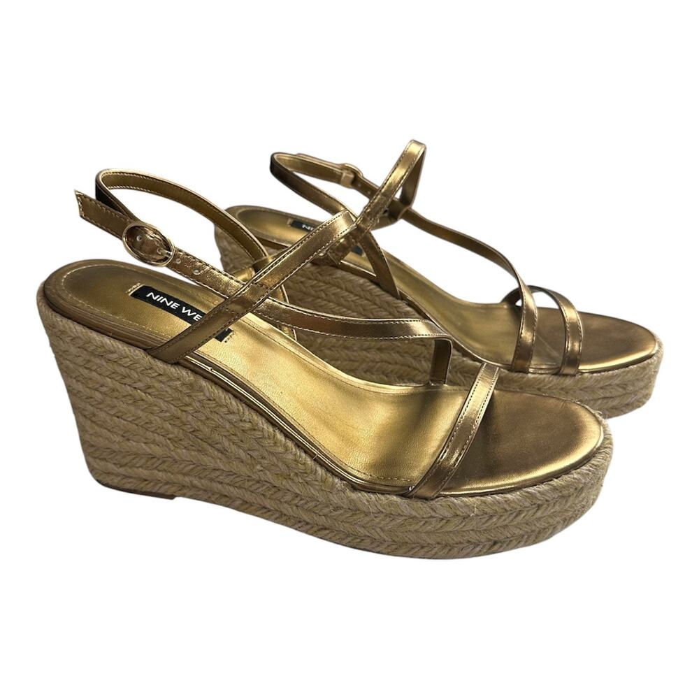 Nine West Jill Metallic Gold Classic Espadrille Wedge Sandals Size 9